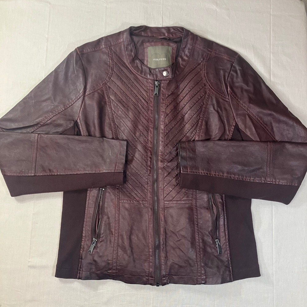Maurices Womens Burgundy Faux Leather Moto Jacket Quilted Zip Up Size L
